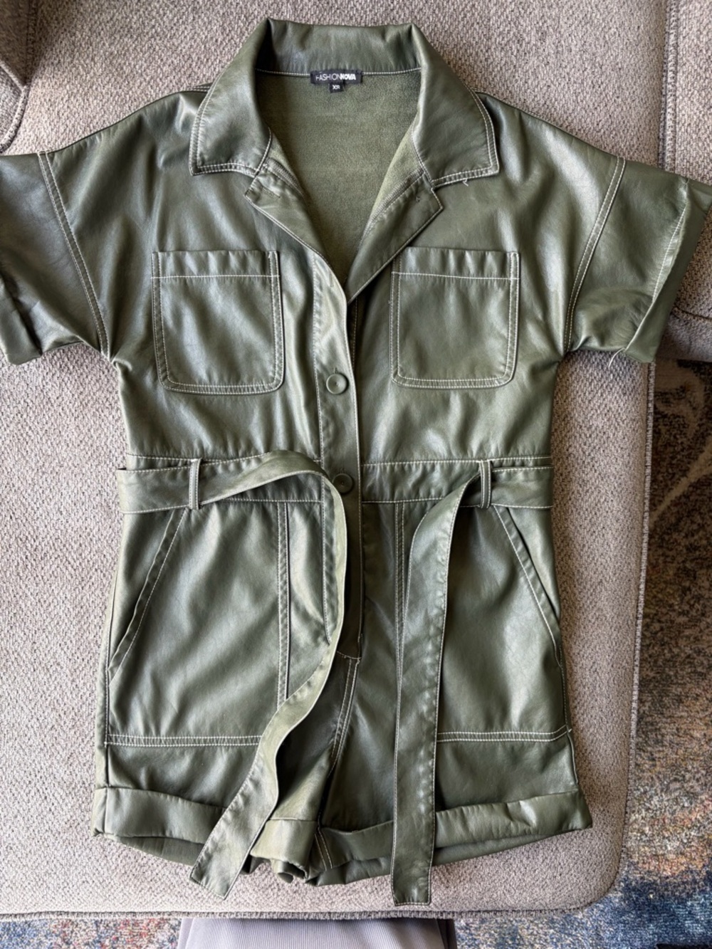 Fashion Nova Olive Green Faux Leather Utility Romper